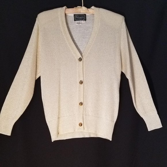 Vintage 90s Rochelle Lurex Gold Cardigan Medium - Picture 1 of 7